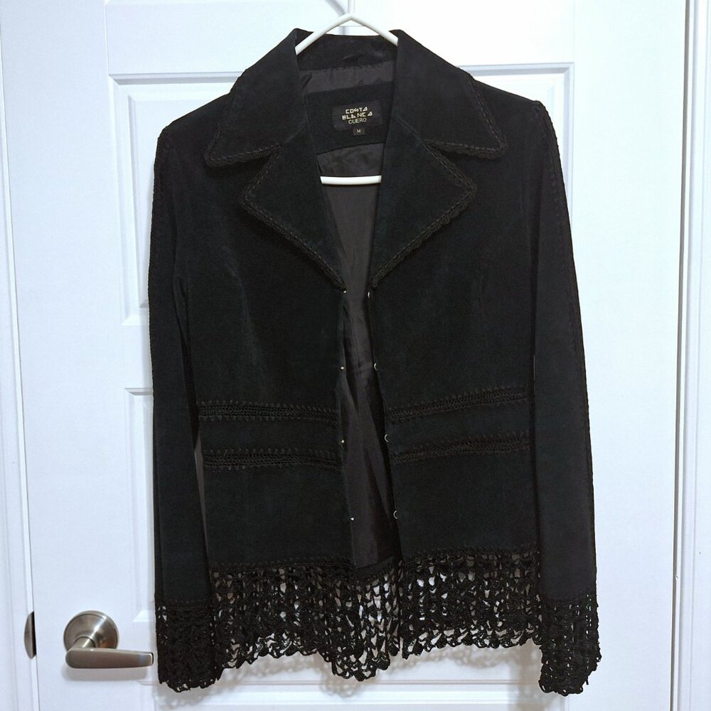 Vintage Costa Blanca tan suede leather blazer with fabric frills. Size M